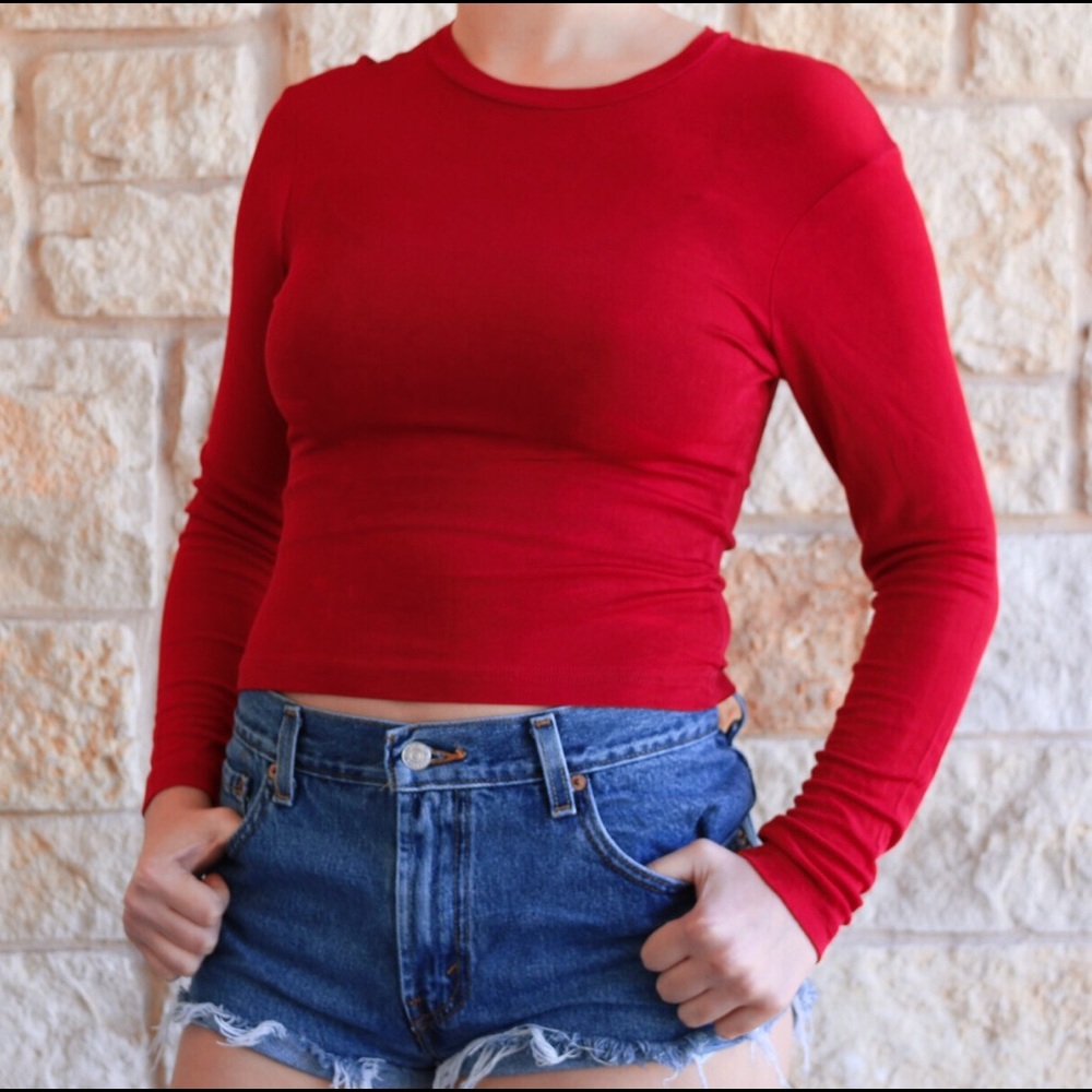 KNITWORKS Red Sheer Long Sleeve Crop Top - Picture 2 of 5